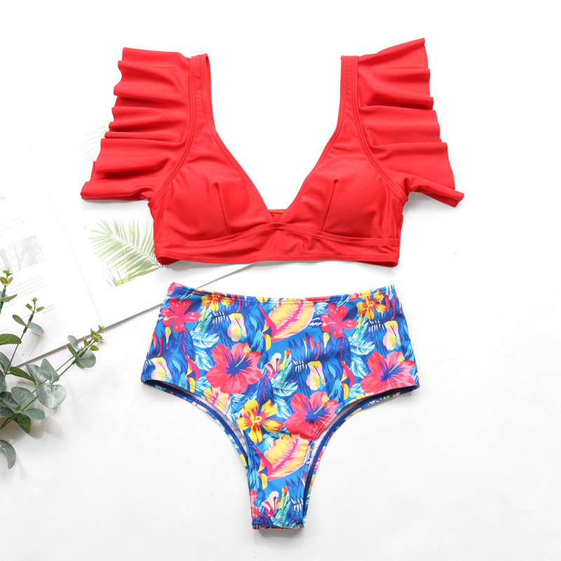 F4809-2 Red Summer Days Floral High Waist Swimsuit Set